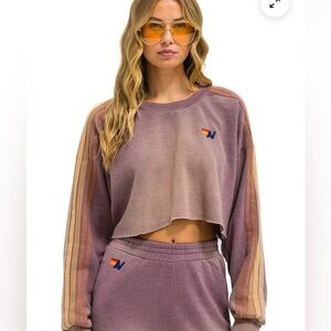 Aviator Nation CLASSIC STRIPE CROPPED CREW SWEATSHIRT RELAXED - FADED Mocha sz M